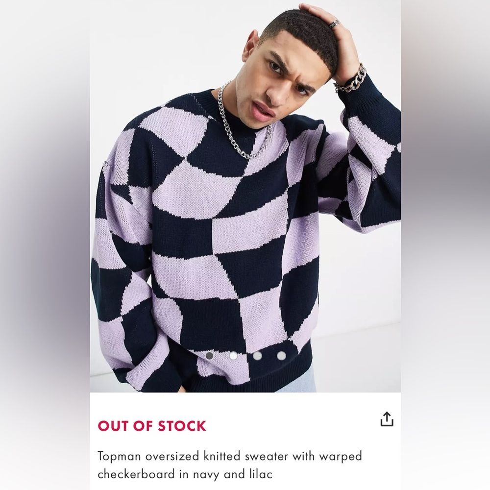 Topman oversized knitted sweater with warped checkerboard in navy and lilac